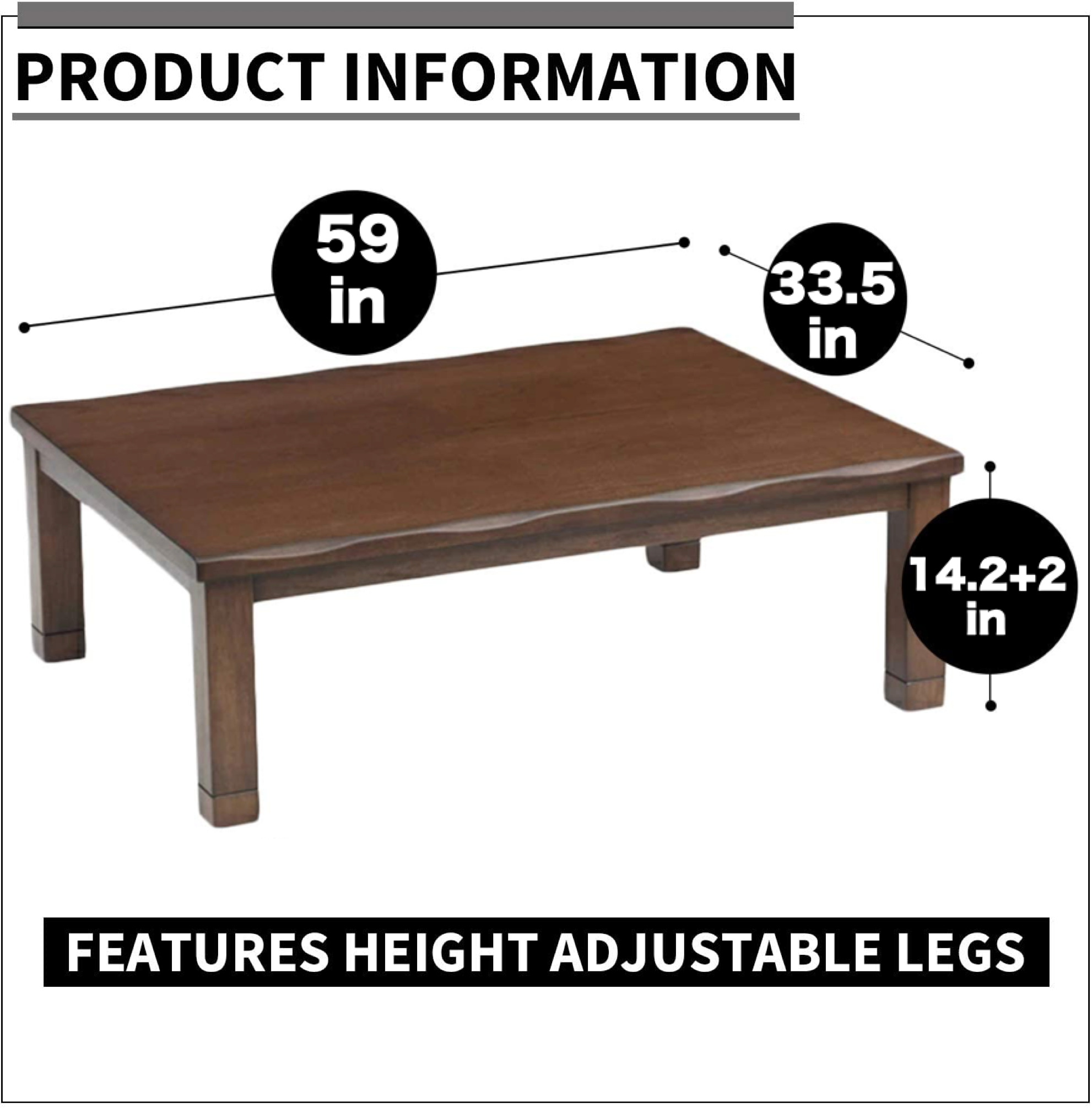Large Luxury Kotatsu Japanese Heated Table with 120V Electric Heater Low Lying Dining and Work Desk
